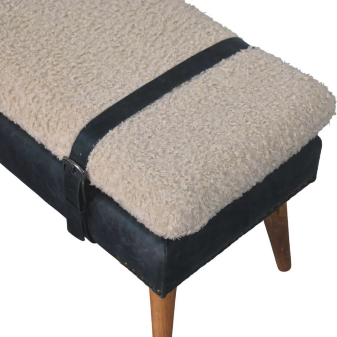 Boucle & Mahogany Leather Bench | Wooden Bench with Nordic Legs | Mango Wood Sitting Bench