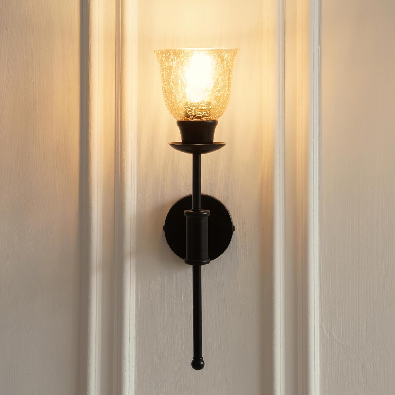 Black Polished Finish Spacer Wall Lamp with Cup Crackled Glass Golden Luster Shade