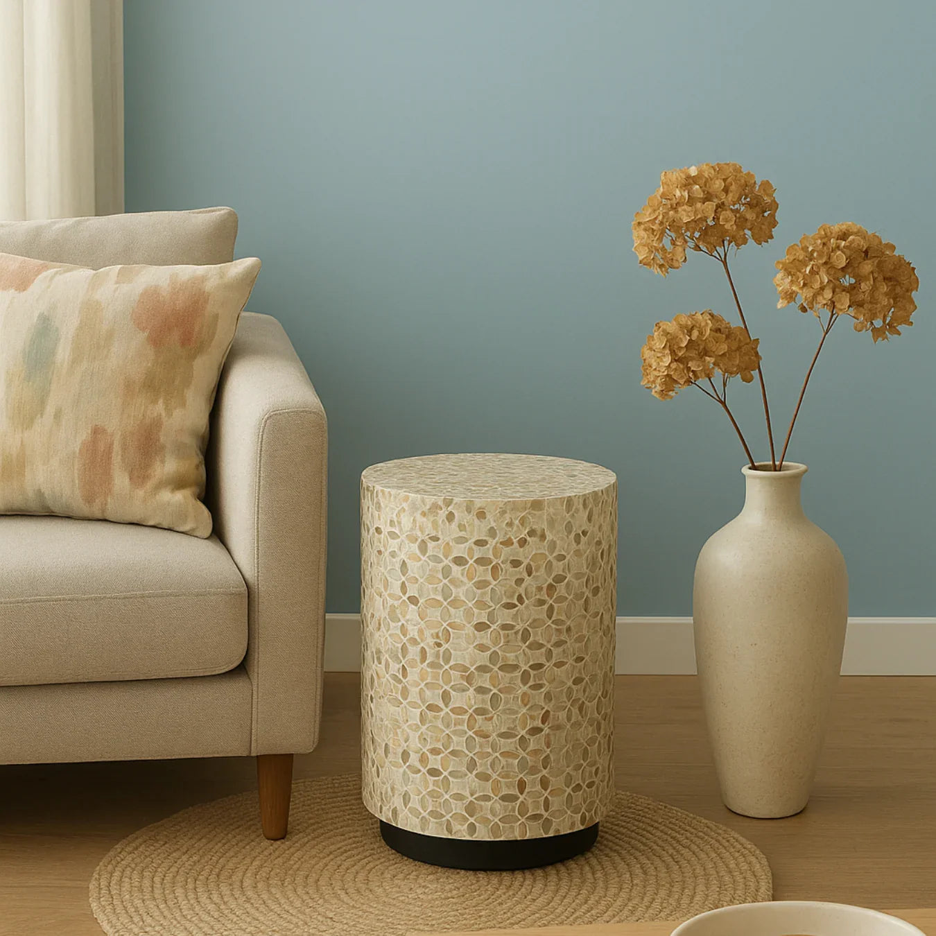 Mother of Pearl Inlay Drum Side Table- Nemo