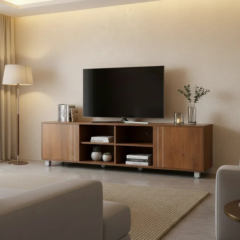 Minion  Walnut Finish TV Unit | Modern Wooden TV Stand with Storage & Cable Management