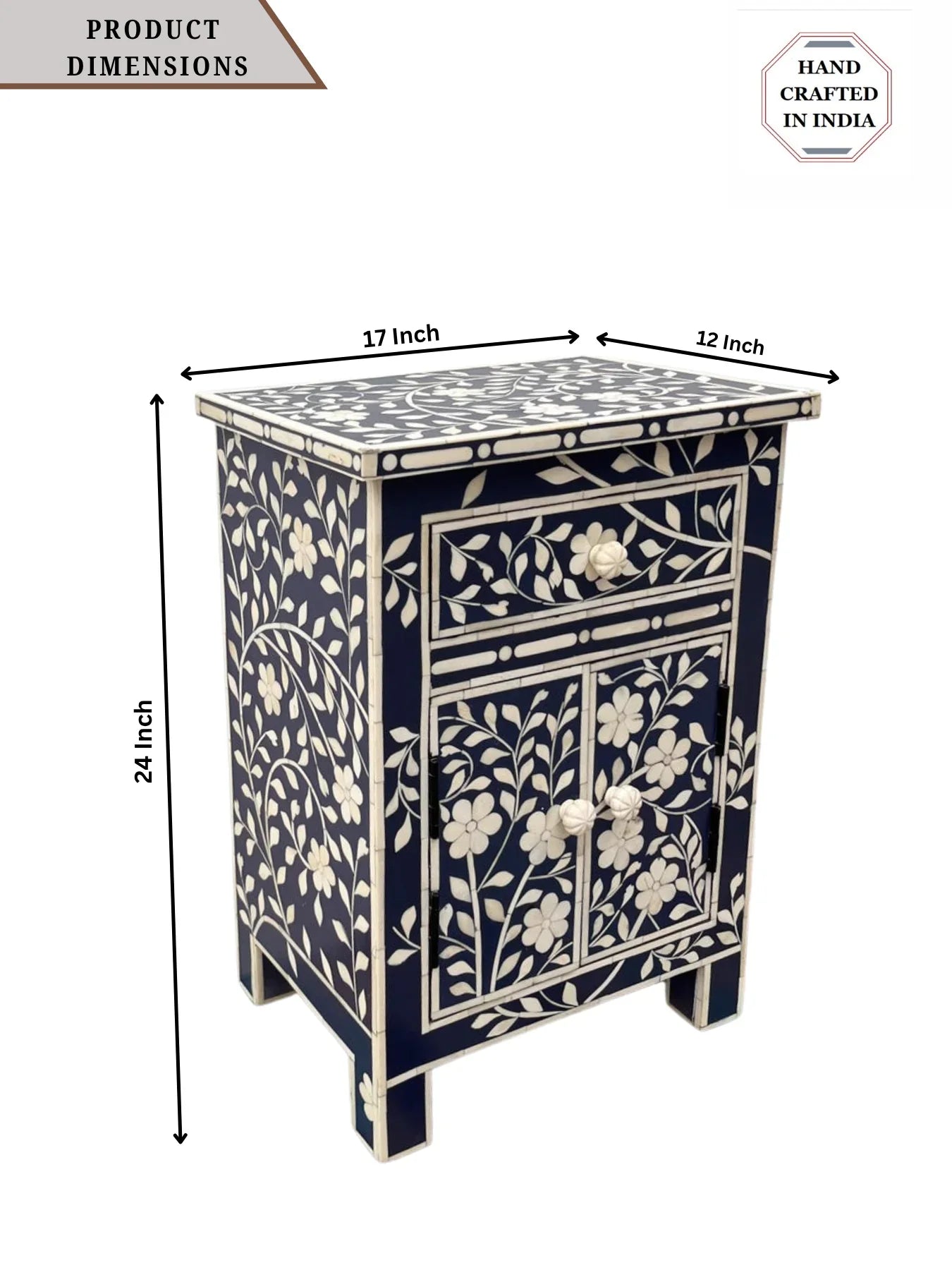 Floral Bone Inlay Bedside Table – Black Elegance
