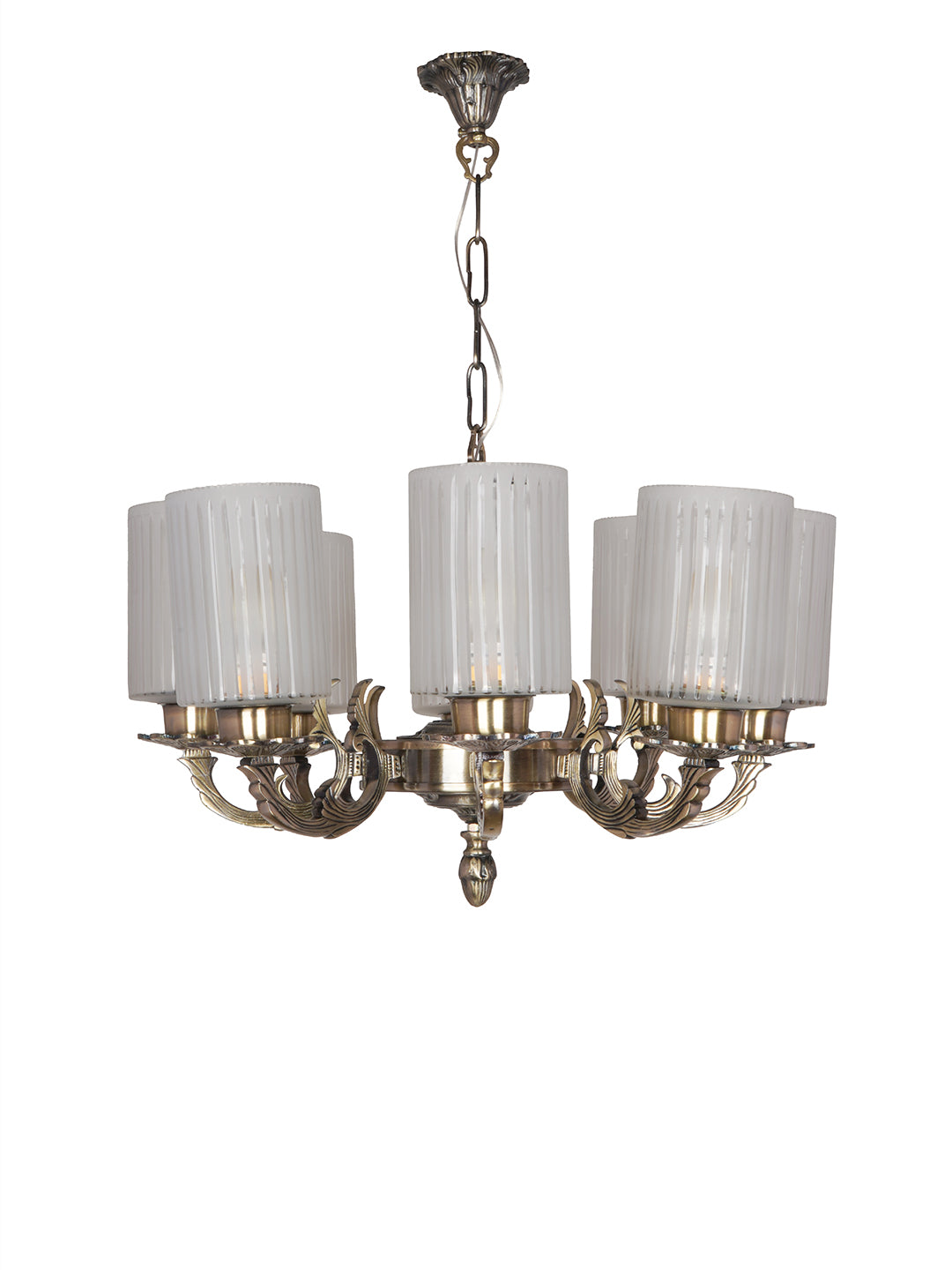 Classic 22 Inch Wide 8-Light Aluminium Ceiling Chandelier Hanging With Vertical Striped Cylindrical Glass Shades