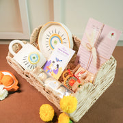 Minimal Evil Eye Rakhi Hamper for Sister | Designer Cup & Saucer Set, Roli Chawal & Fancy Basket