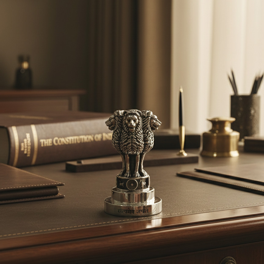 National Emblem Ashoka Lion Paperweight In Brass With Pure Silver Polish