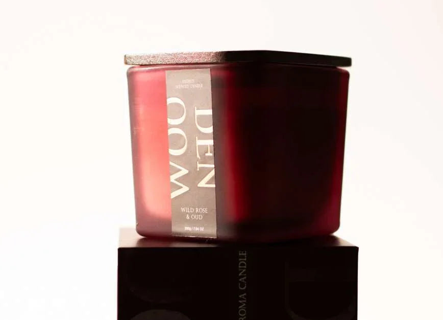 Wooden Glass Scented Candle | Wild Rose & Oud Soy Wax Candle with Wooden Lid | Long-Lasting Aromatherapy Candle for Home & Gifting