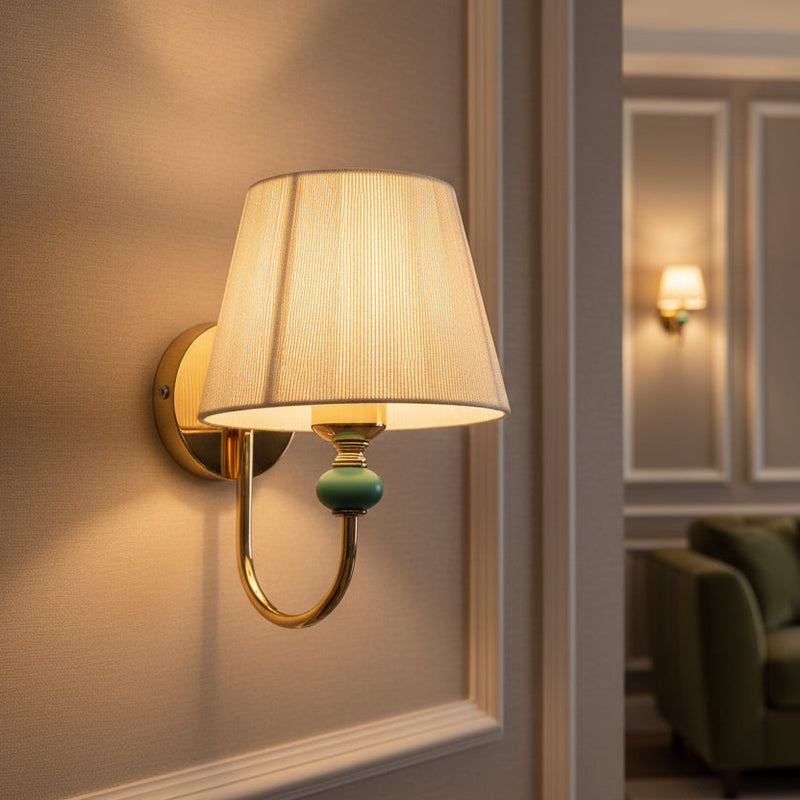 Modern Gold Wall Light with Off-White Fabric Shade | E27 Holder Wall Lamp for Bedroom & Living Room