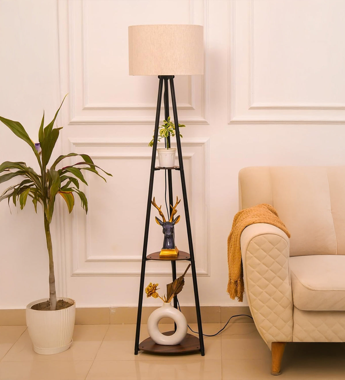 Floor Lamp for Living Room | Modern Black Standing Lamp with Storage Shelves