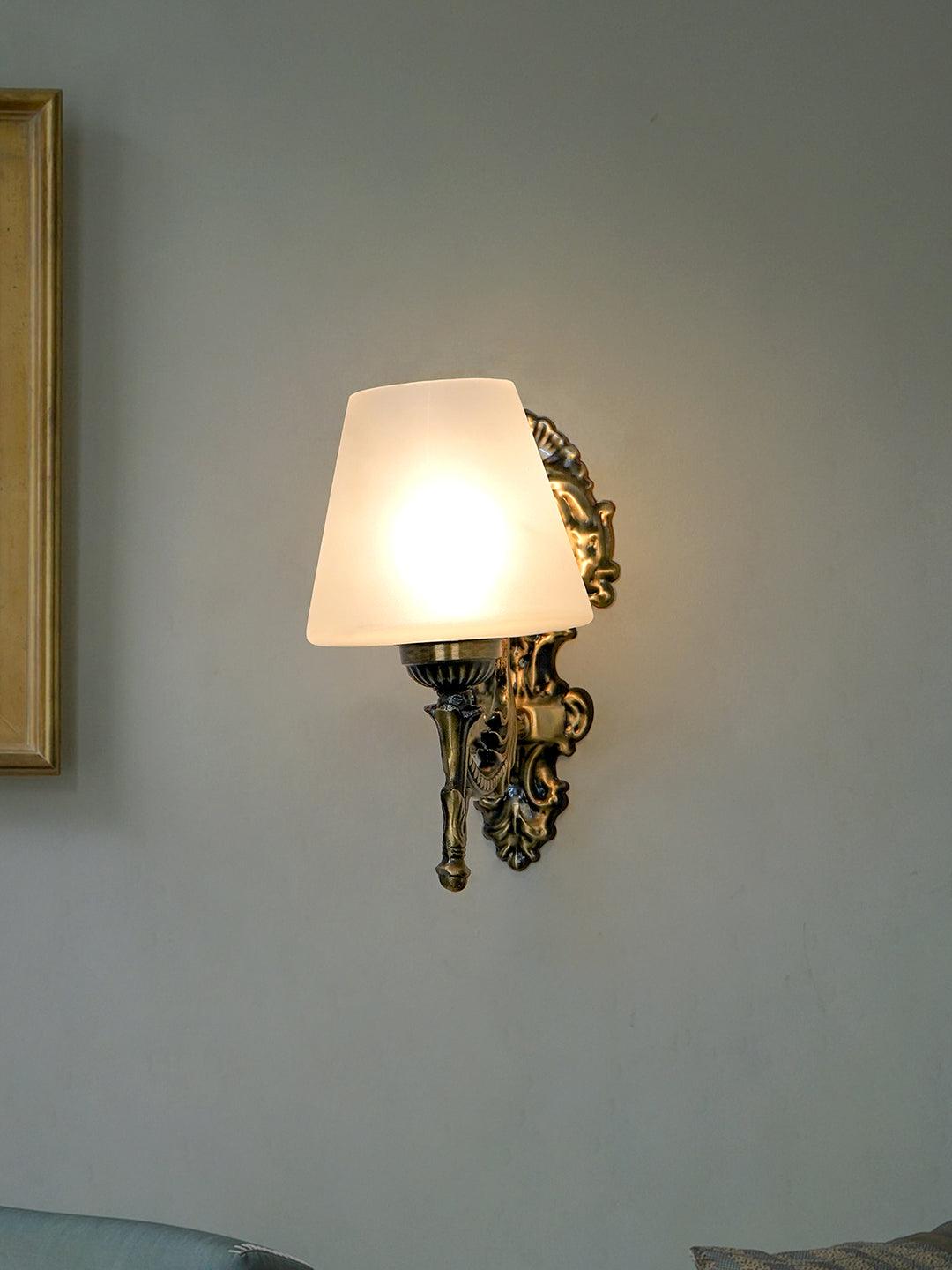 Antique Brass Finish 11 Inch Single Light Steel Wall Lamp With Tapered Frosted Glass Shade