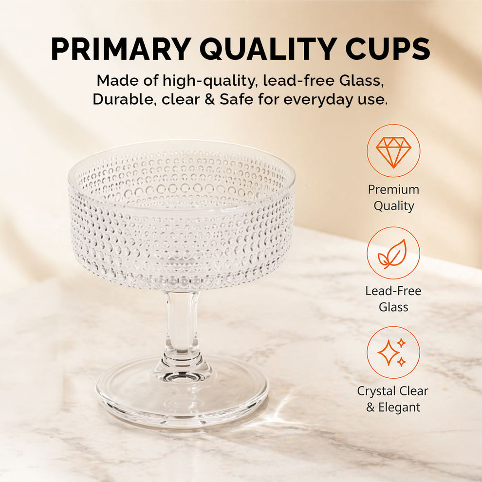 Glass Ice Cream Cups Set of 6 (185ml Each) | Premium Textured Dessert Bowls for Sundae, Pudding & Sweets | Food-Safe, Durable & Scratch-Resistant | Elegant Transparent Stem Design