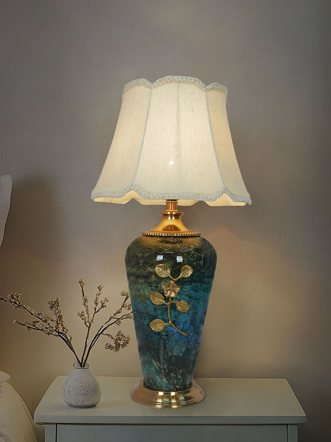 Green Marble Effect Table Lamp with Scalloped Shade