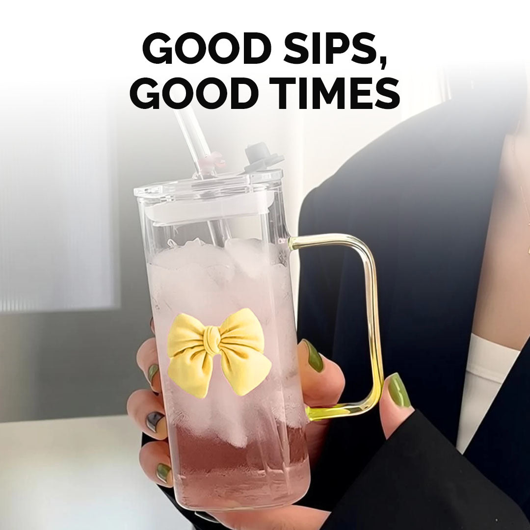 Borosilicate 400ml Glass Straw Cup with Lid & Handle | Square Transparent Coffee Mug with Cute Bow | Heat Resistant BPA Free Reusable Drinking Tumbler