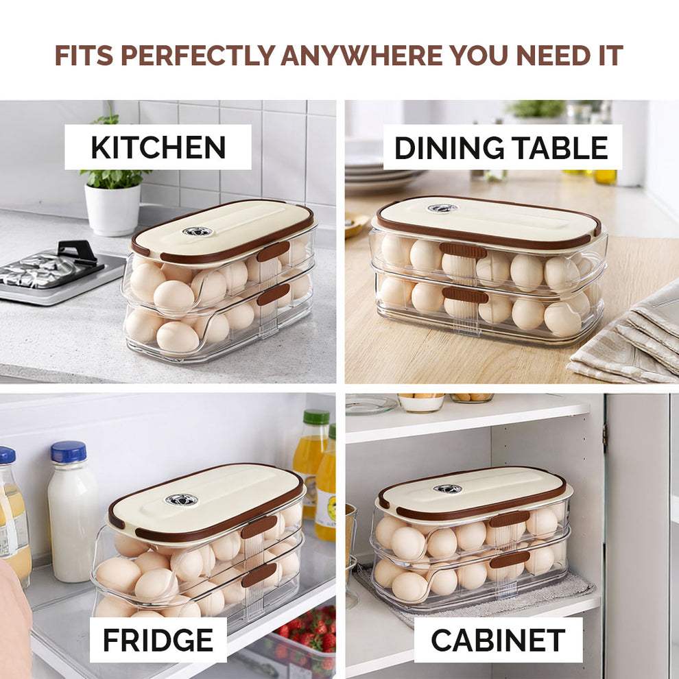 Egg Holder with Auto Rolling Design | Transparent Fridge Egg Dispenser Storage Organizer | Unbreakable, Space Saving Egg Container for Refrigerator Kitchen (2-Tier- Dubble Side)