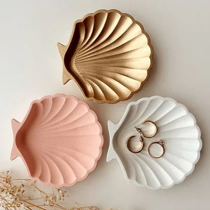 Handcrafted Shell Concrete Trinket Tray | Seashell Jewelry Dish in White, Gold & Peach | Decorative Tray