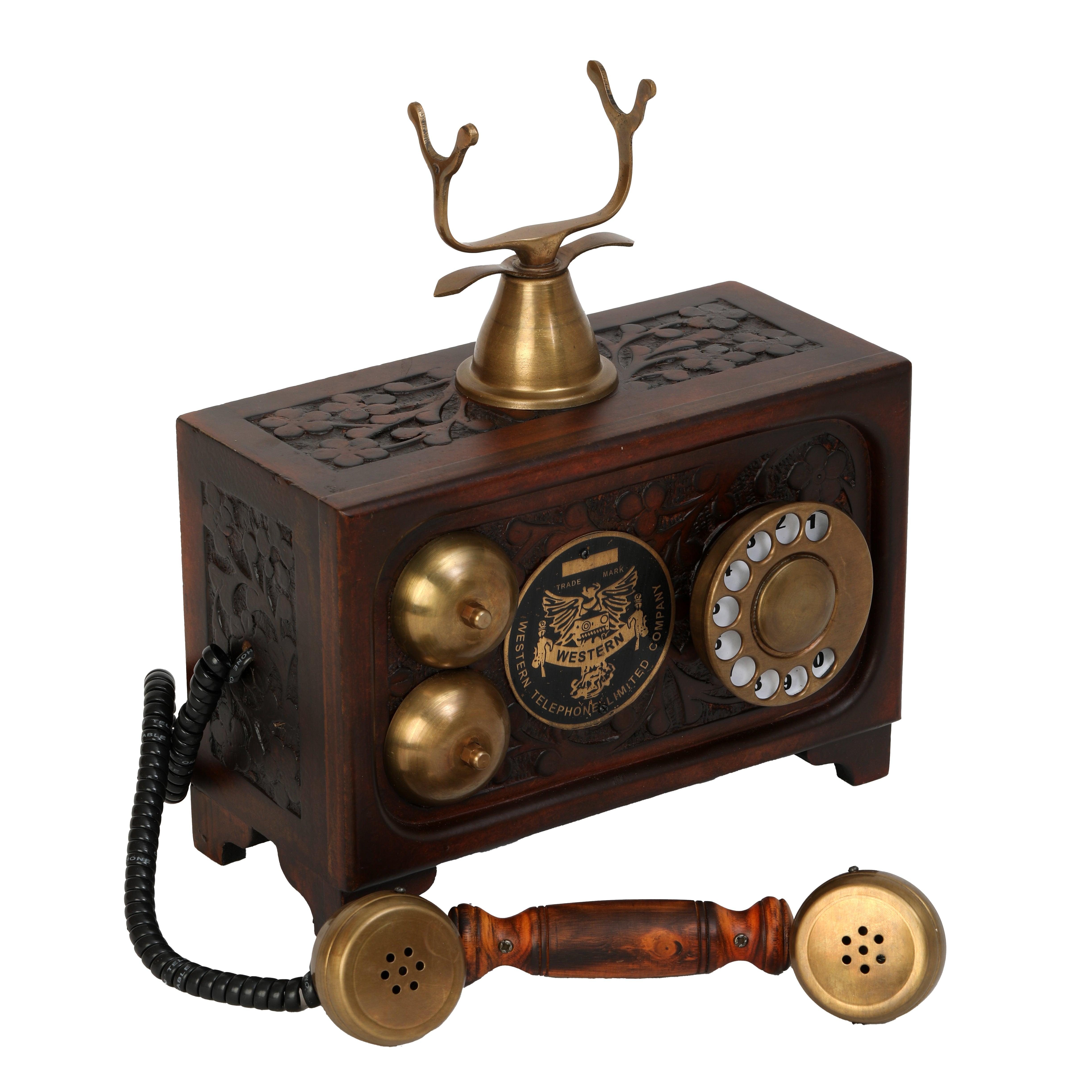 Decorative Non-Functional Antique Telephone - Brass and Wood Replica - Antique Finish