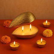 Premium Golden Almond-Shaped Candle with Lid | Pre-Filled Aroma Wax | Decorative Metal Container