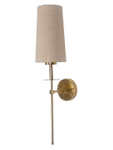 Savoy Long Arm Antique Gold Wall Sconce with Beige Fabric Shade.