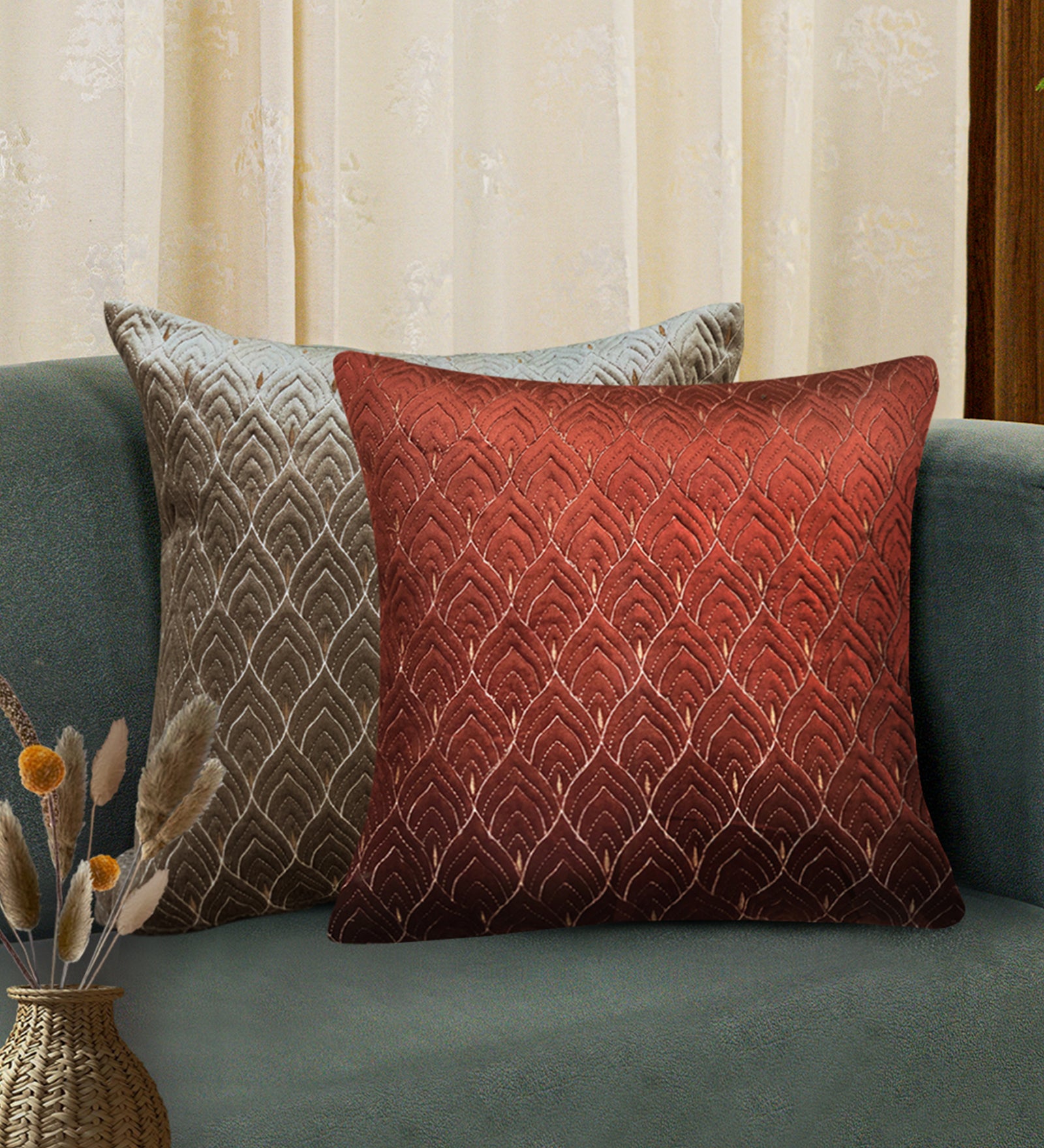 Mayur Jaal Embroidered Quilted Cushion Covers - Beige, 18 x 18