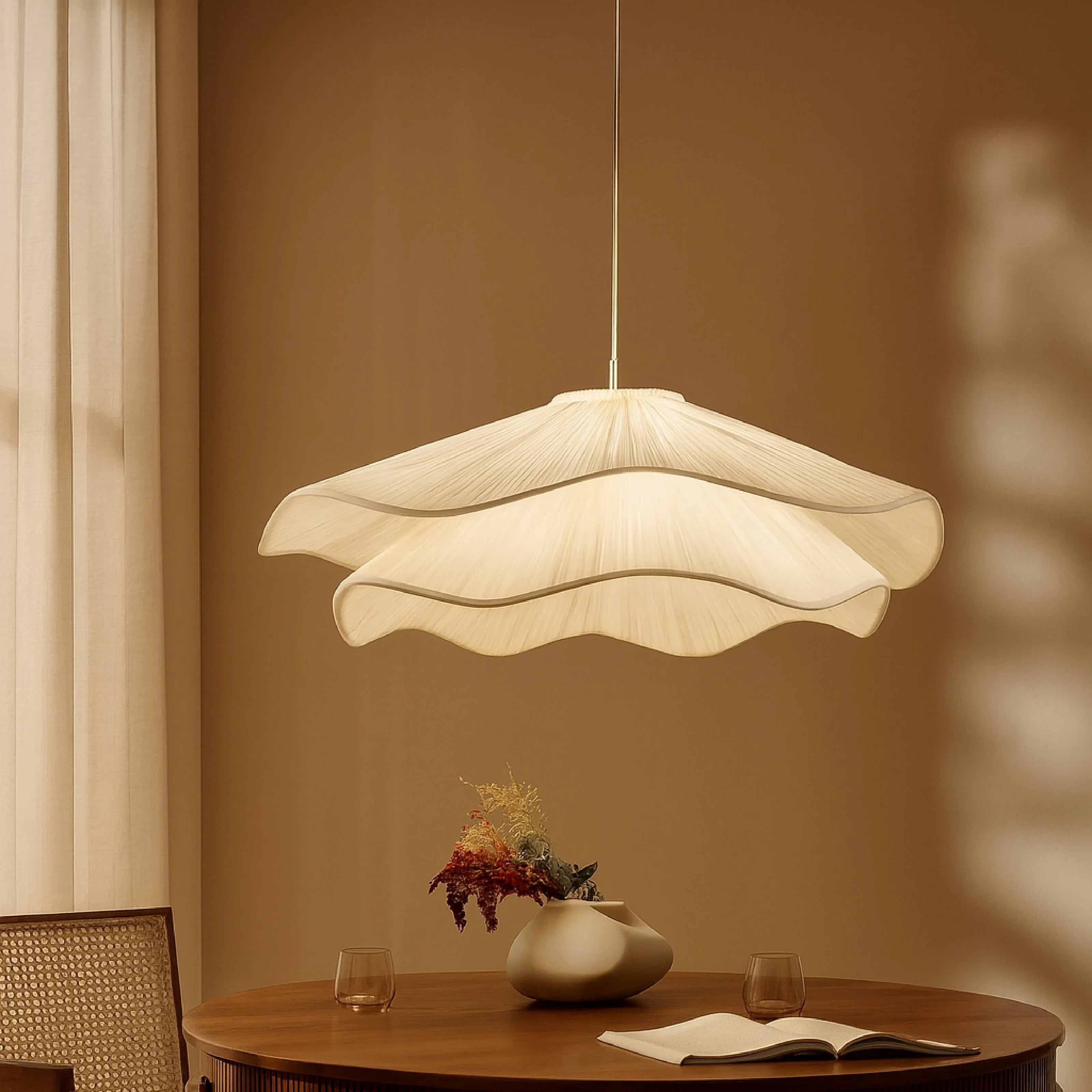 Seren Hanging Lamp Light in White Fabric | Sculptural Ceiling Pendant Light for Living Room