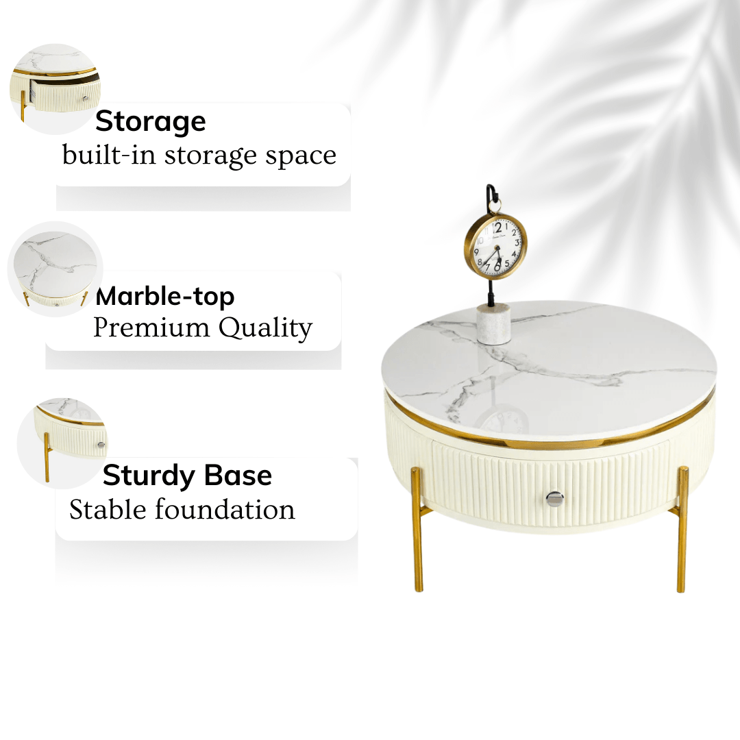 Wood & Steel Modern Round Coffee Table With Drawer for Storage | Center Table for Living Room|