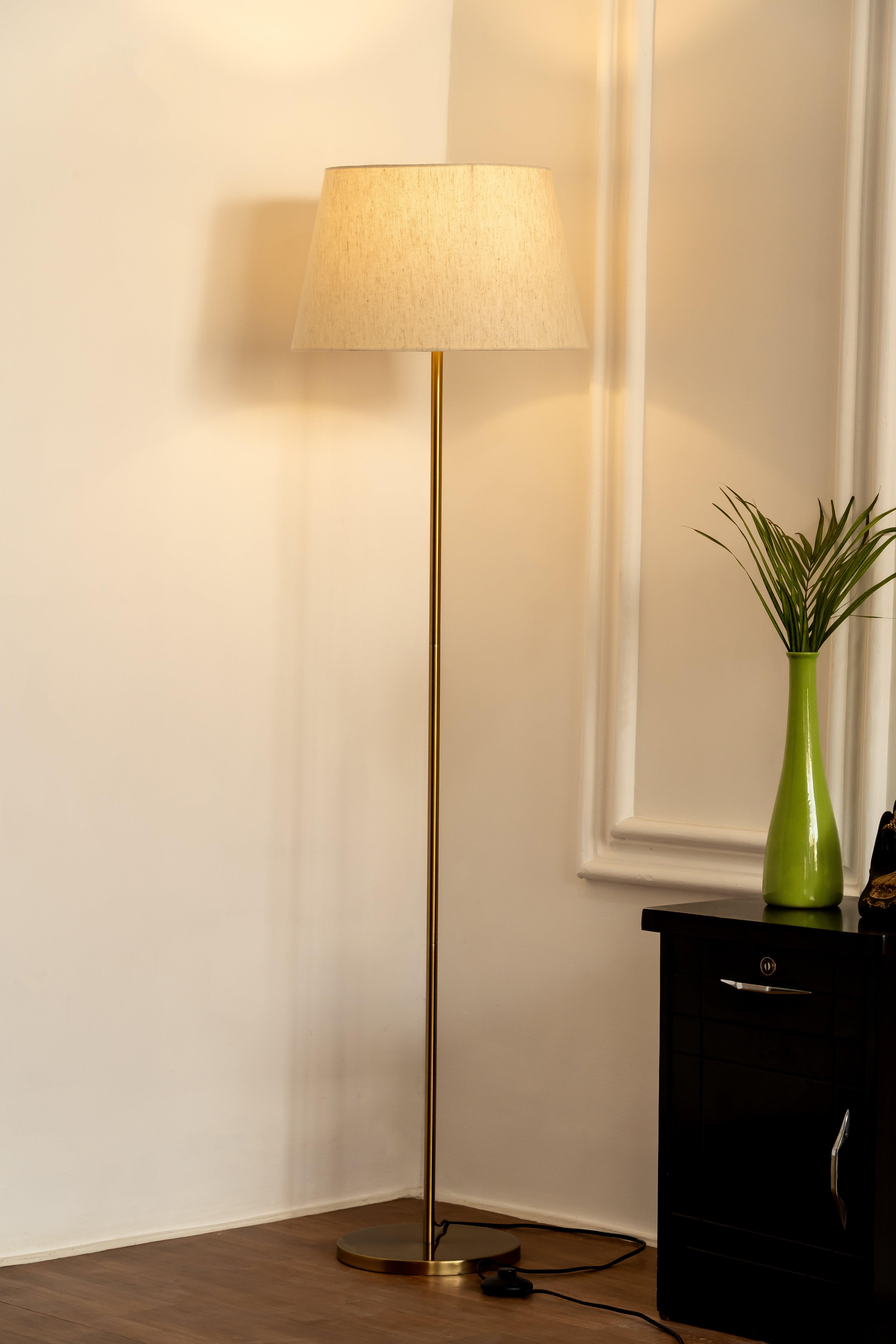 Brass Antique Floor Lamp with Off-White Cotton Shade | Brass Antique Finish Standing Lamp