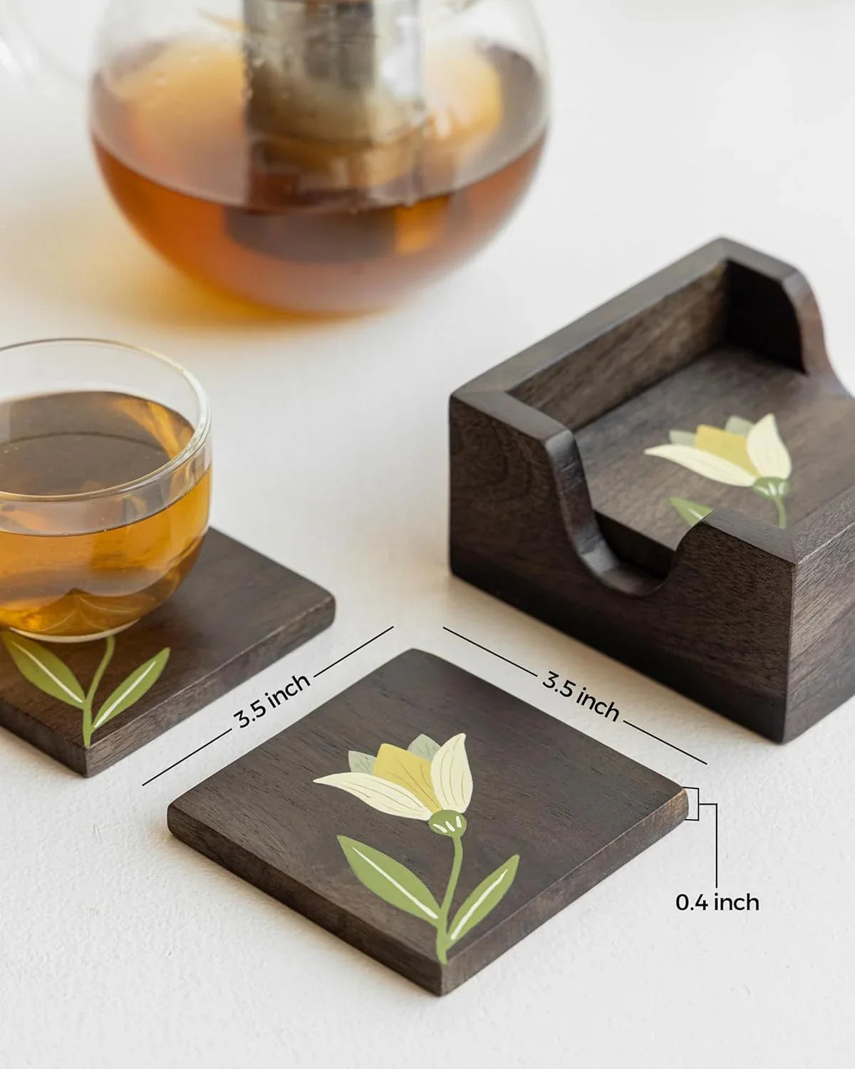 MIRRA Handpainted Wooden Coasters with Stand (Set of 4)  | Mango Wood