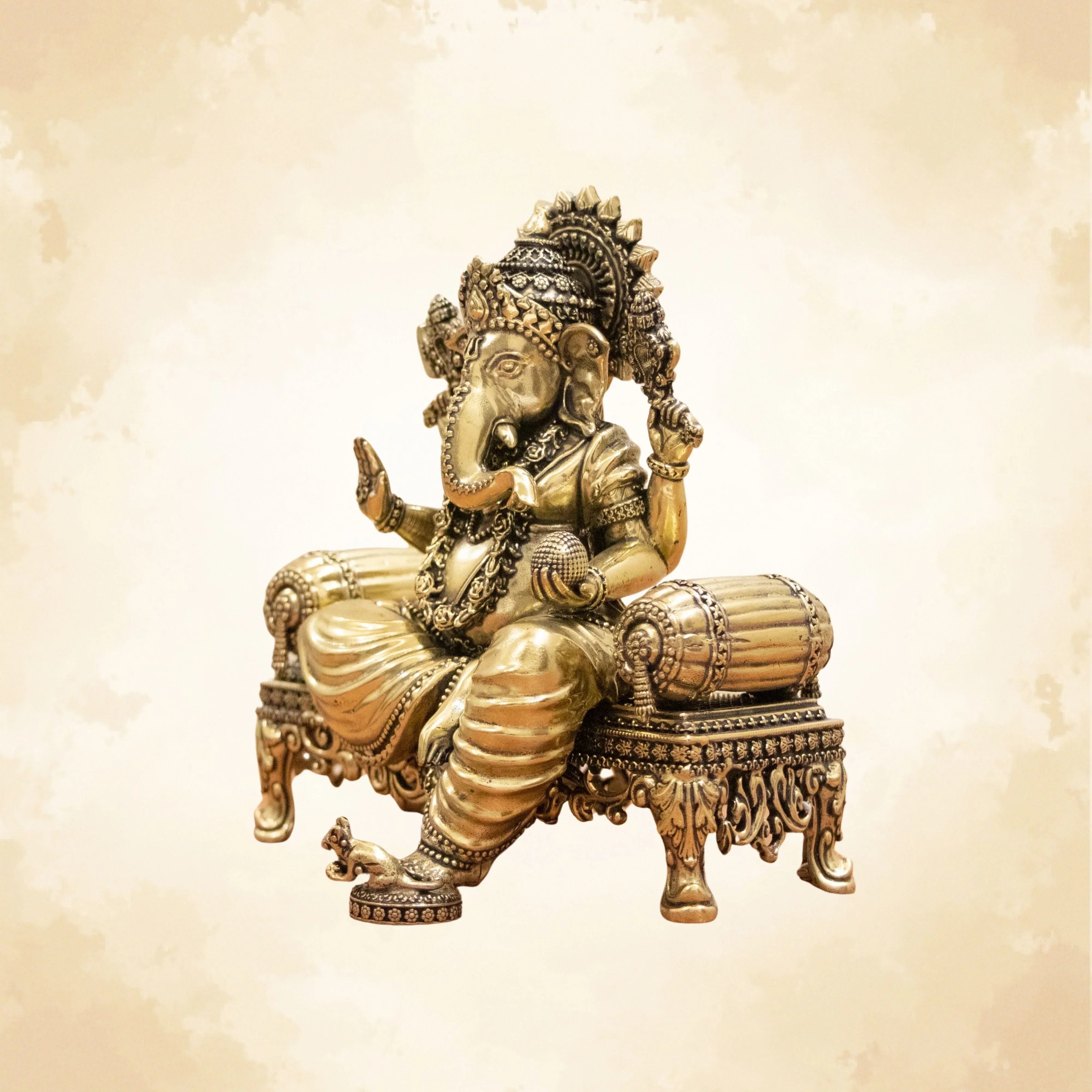 Royal Ganesha Brass Idol – Embodiment of Authority, Knowledge & Positivity - 5.5 Inches