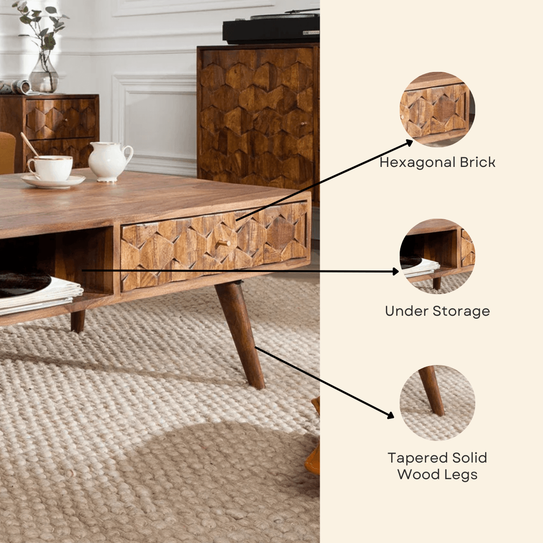 Hexagonal Brick Design Sofa Center Table | Sheesham Wood Coffee Table for Living Room
