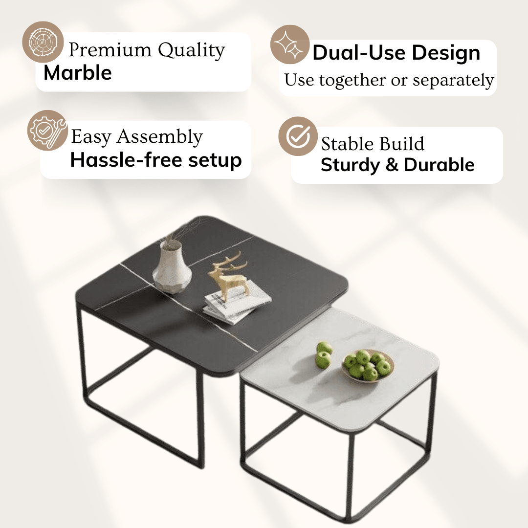 Black Iron & Marble Top Square Nesting Table | Center Coffee Table For Living Room