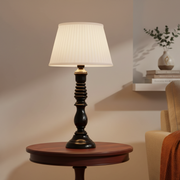 Transitional Wooden Table Lamp | Black Finish with Pleated Chiffon Shade Bedside Lamp