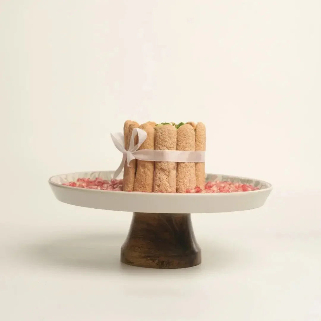 Handmade Stoneware Cake Stand with Wooden Base | Vintage-Inspired Dessert Stand - 1Pc