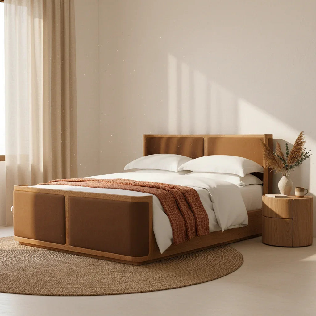 Orlune Solid Ash Wood And Fabric Upholstered King Size Bed