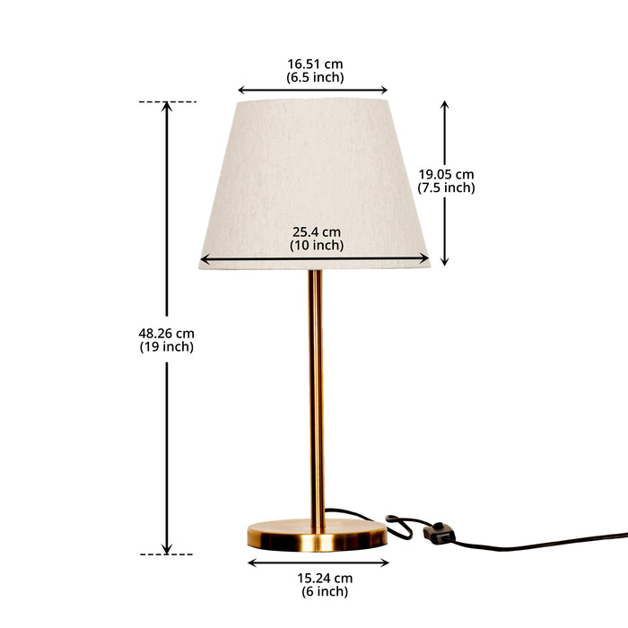 Table Lamp Antique Brass Finish 19 inches Height with 10" Bottom Diamater Off White Tapered Lampshade