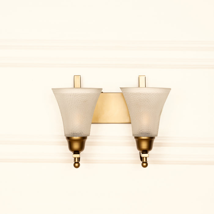 Brass Antique Finish Double J Wall Lamp with Frosted Hammered Glass Shade