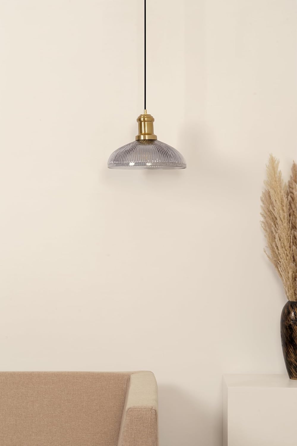 Ribbed Grey Luster Glass Pendant Light with Antique Brass Finish for Living Room, Bedroom, Kitchen and Dining