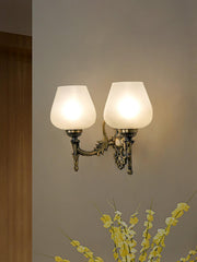 Antique Brass Finish 11 Inch 2-Light Steel Wall Lamp With Plain Frosted Goblet Glass Shades