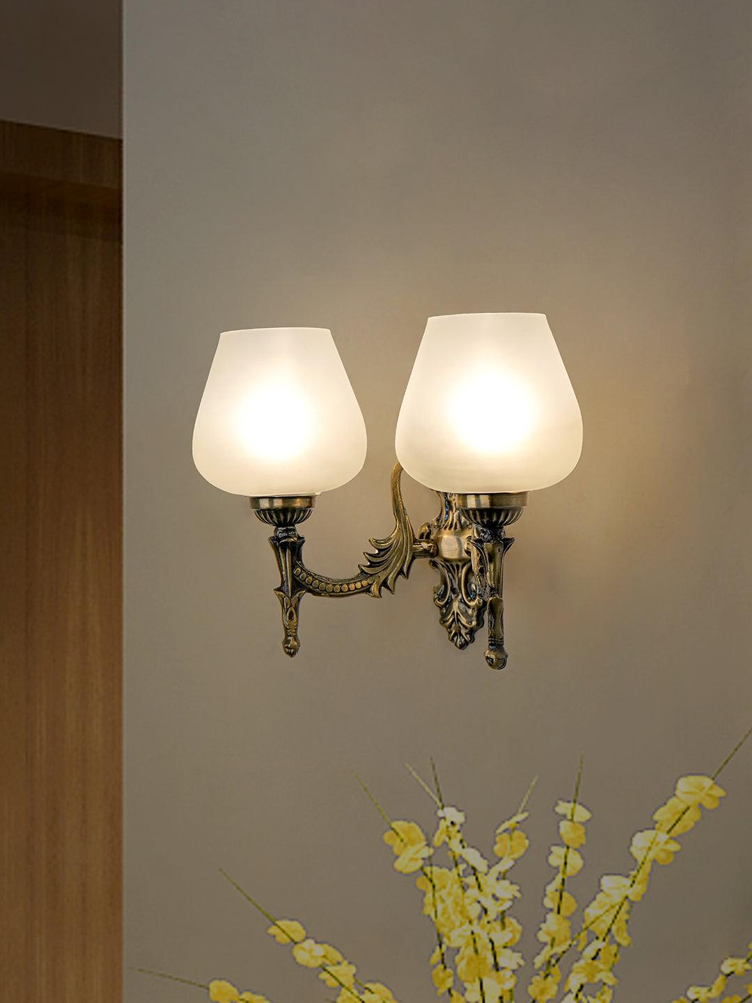 Antique Brass Finish 11 Inch 2-Light Steel Wall Lamp With Plain Frosted Goblet Glass Shades