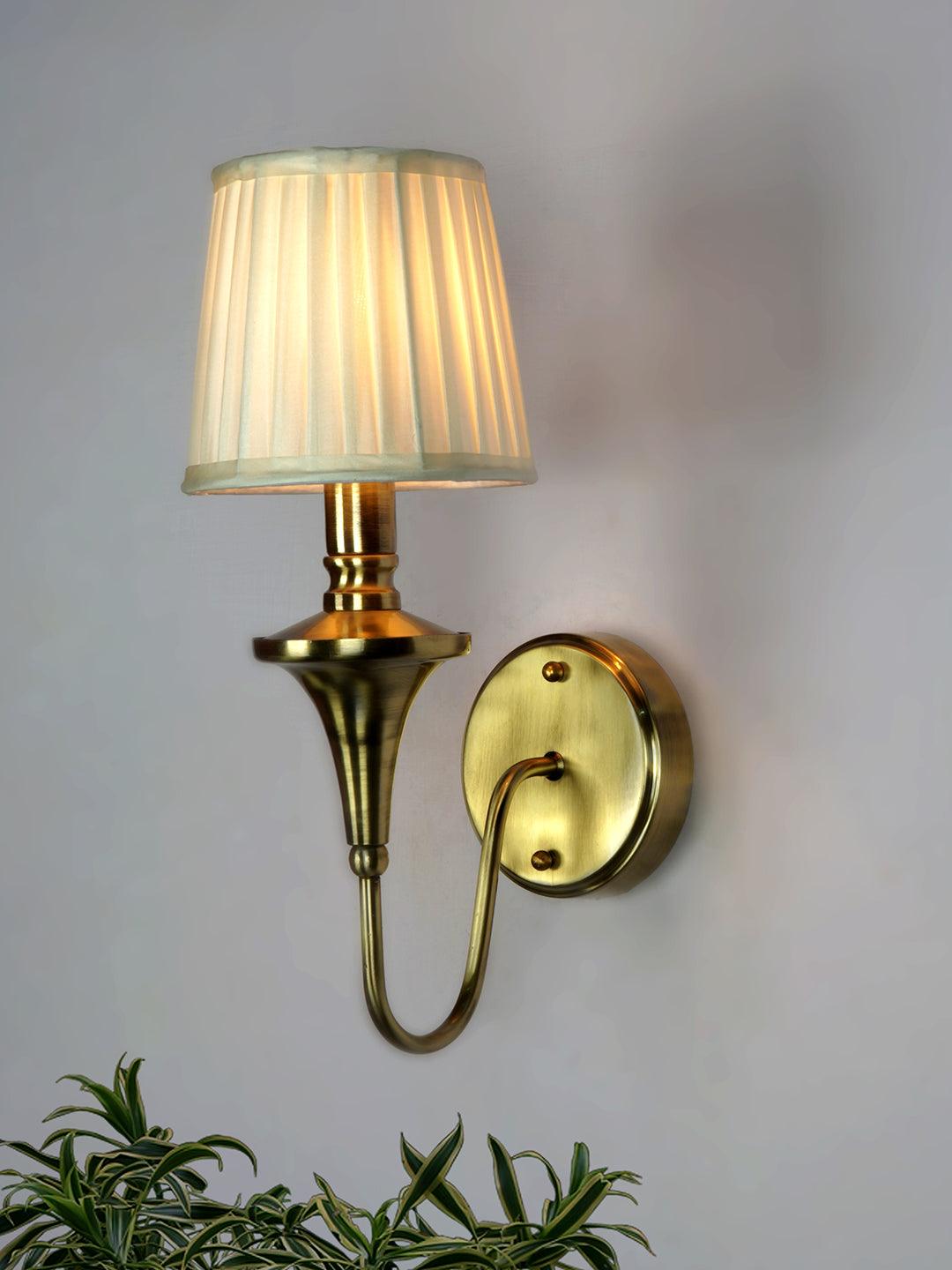 Gold Brass Finish Single Wall Lamp with White Pleated Shade