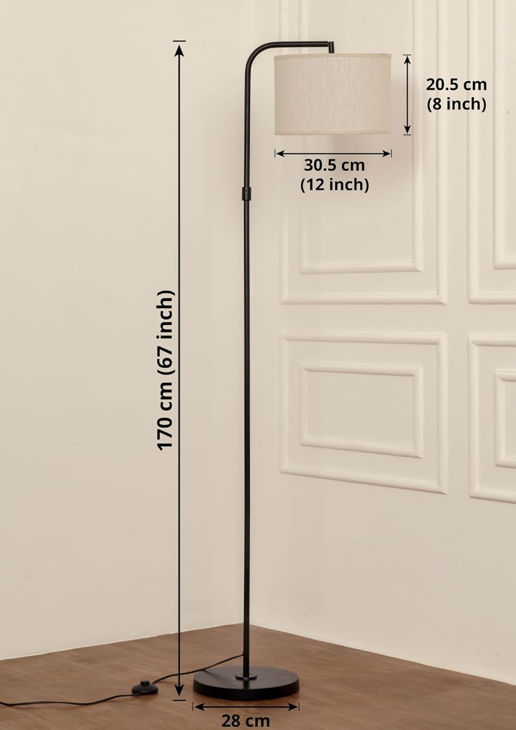 Black Polished Modern Arc Floor Lamp with Adjustable Shade 6Ft Height with 12 inches Off White Drum Lampshade Pack of 1 - Led Bulb Included