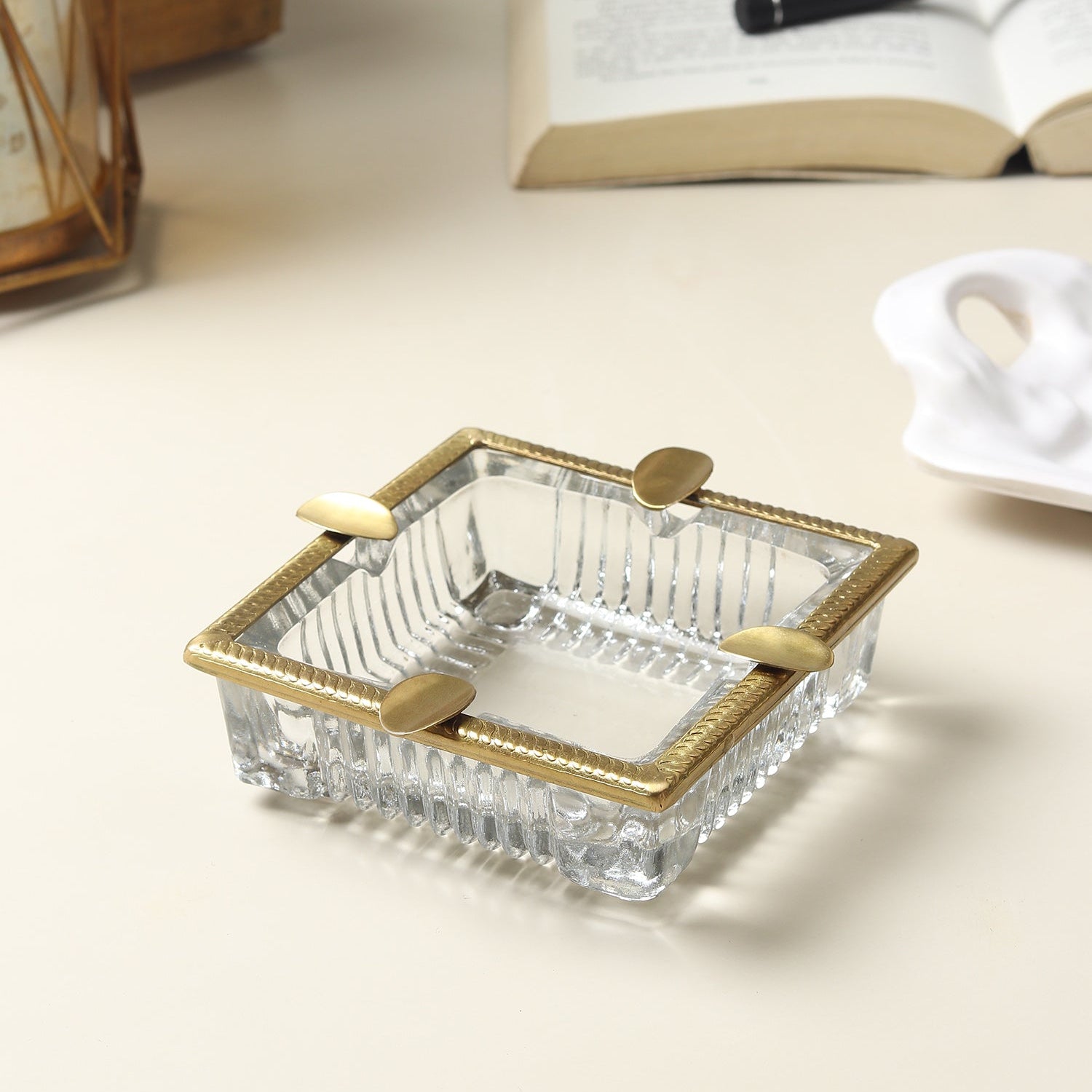 Aurelion Crystal Ashtray with Brass Accent | Designer Ashtray for Home Décor