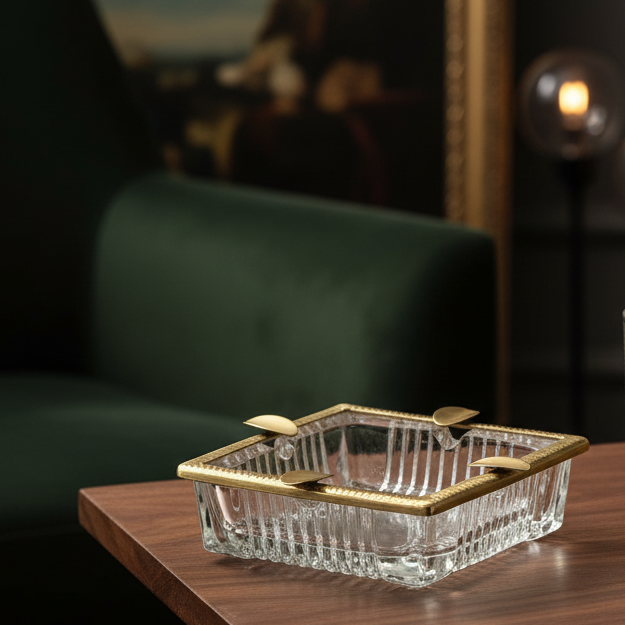 Aurelion Crystal Ashtray with Brass Accent | Designer Ashtray for Home Décor