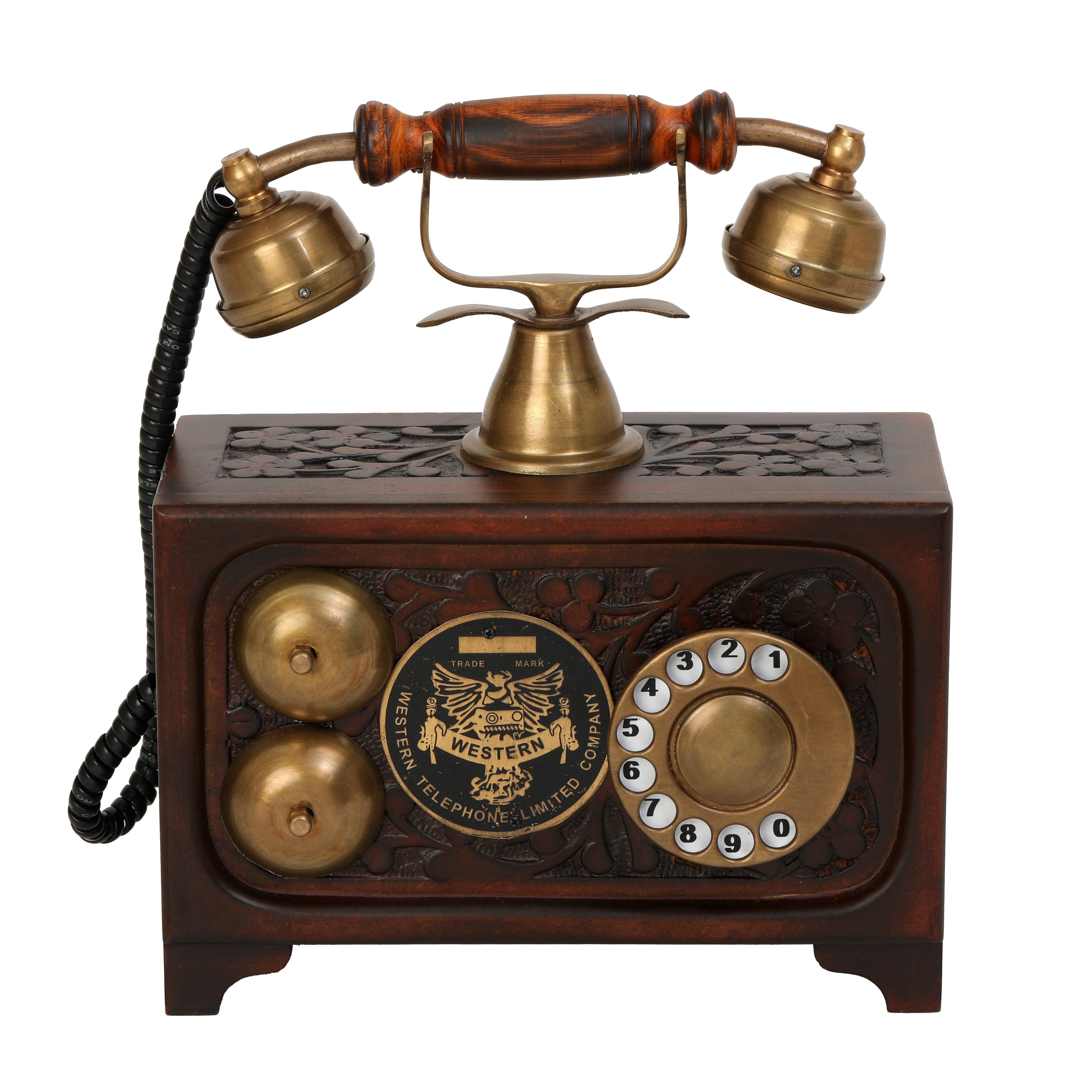 Decorative Non-Functional Antique Telephone - Brass and Wood Replica - Antique Finish