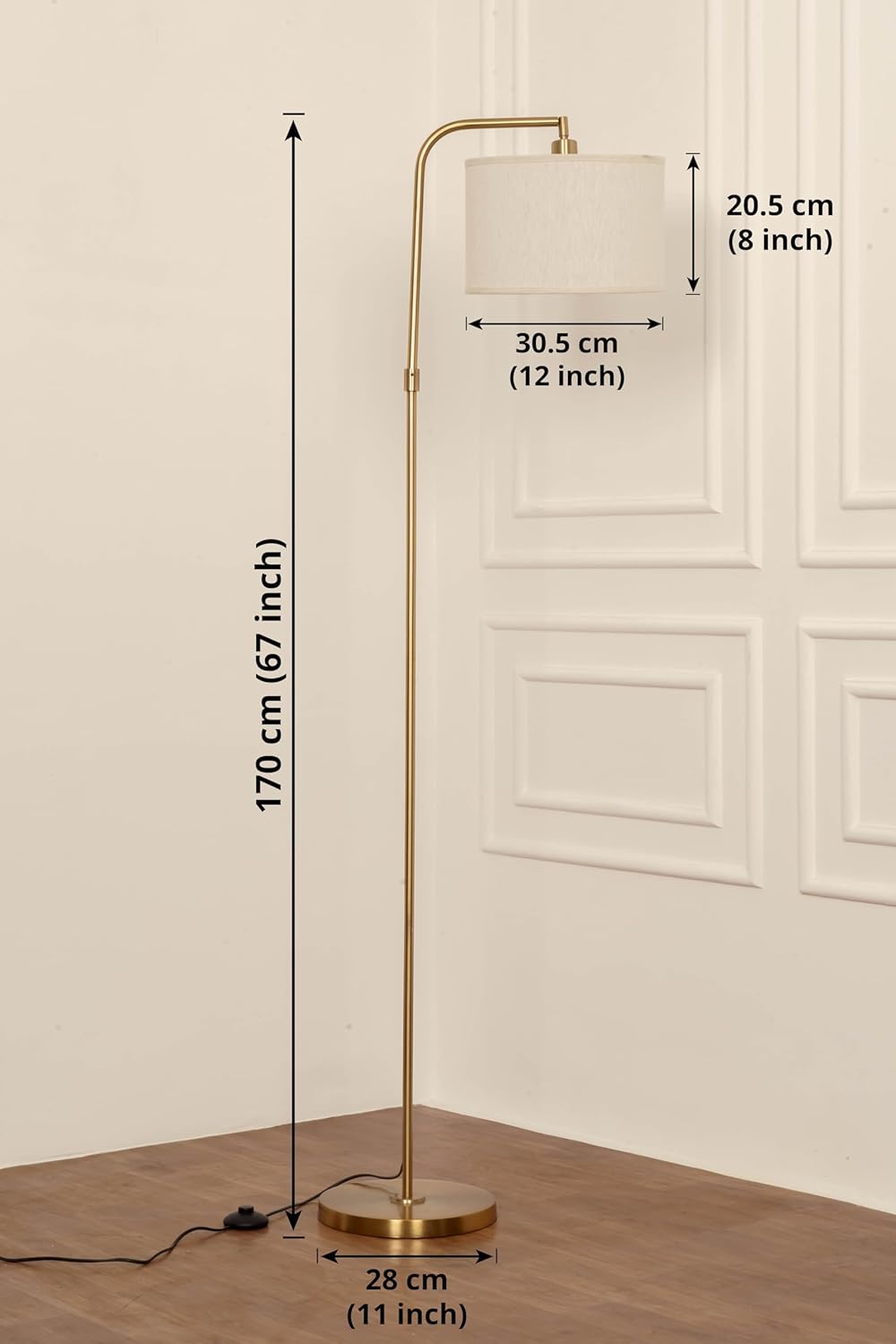 Brass Antique Modern Arc Floor Lamp with Adjustable Shade 6Ft Height with 12 inches Off White Drum Lampshade Pack of 1 - Led Bulb Included