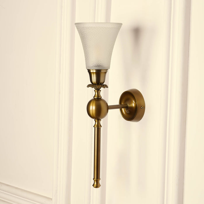 Brass Antique Finish Ball Wall Lamp with Frosted Hammered Glass Shade