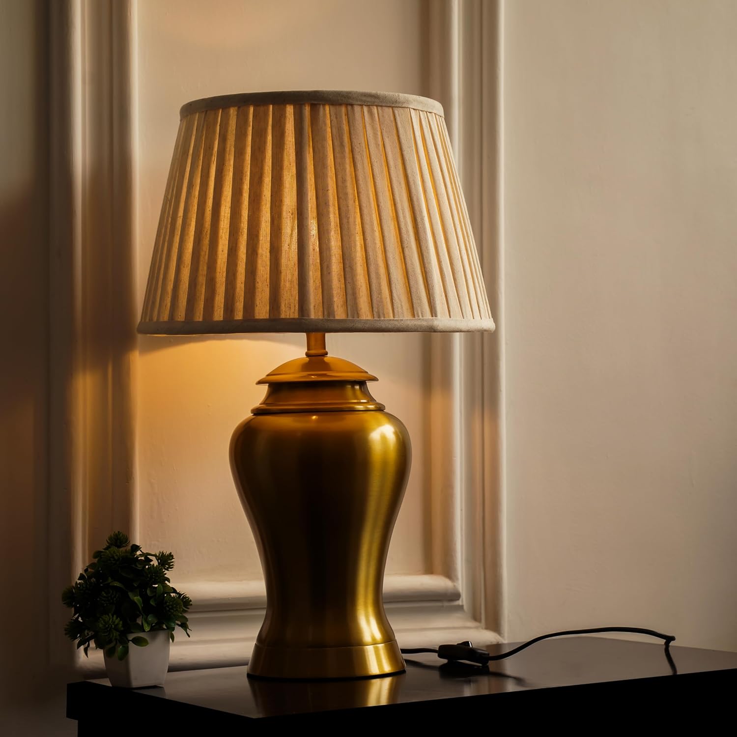 Royal Brass Antique Gold Finish Table Lamp 23 Inches Height With Off White 14 Inches Pleated Diameter Lampshade