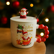 Christmas Ceramic Mug with Lid & Spoon | 350 ML Santa Mug with Red Handle | Merry Christmas Gift Cup for Coffee