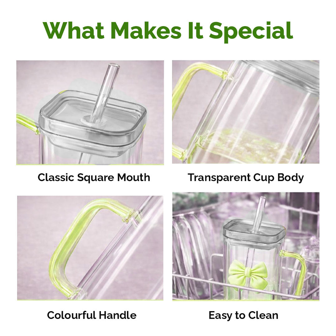Borosilicate 400ml Glass Straw Cup with Lid & Handle | Square Transparent Coffee Mug with Cute Bow | Heat Resistant BPA Free Reusable Drinking Tumbler