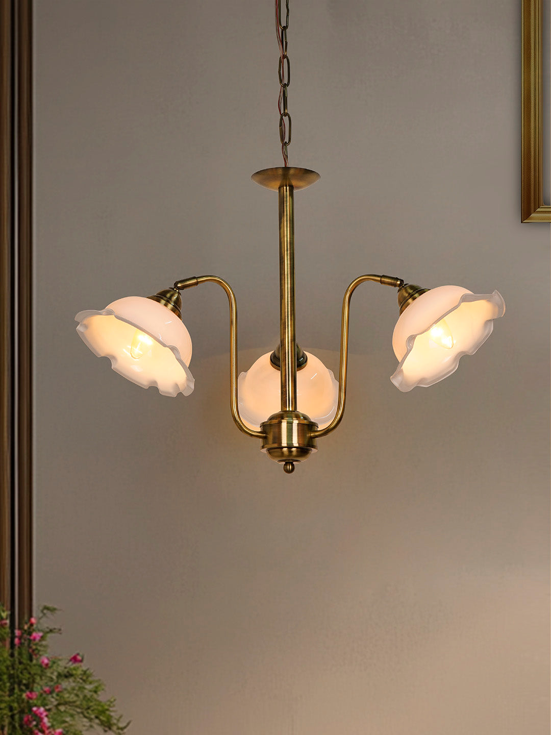 28-Inch Antique Brass 3-Light Adjustable Chandelier | Vintage Gooseneck Design with White Frilled Glass Shades