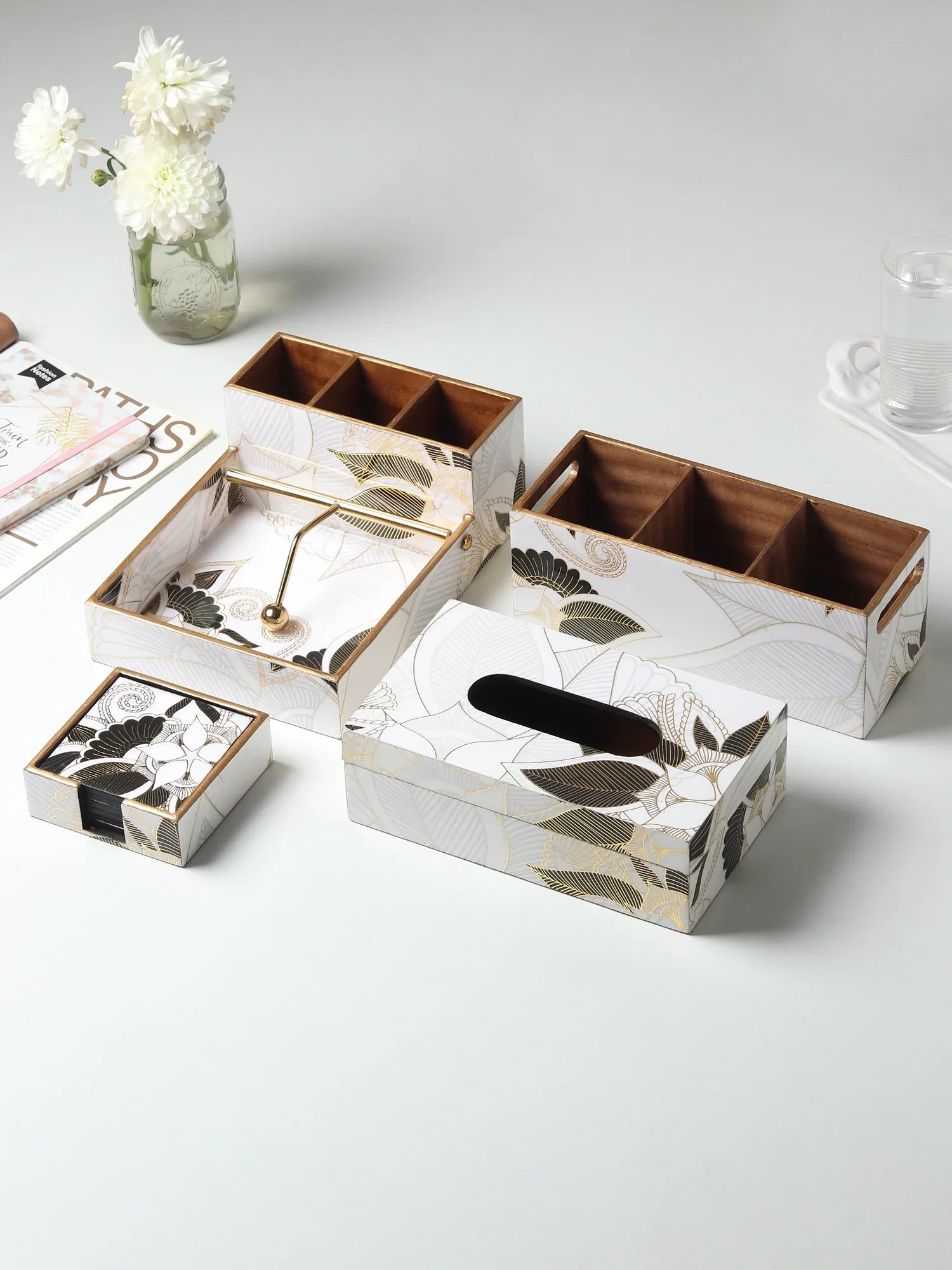 Ivory Noir Bloom Cutlery and Tissue Holder