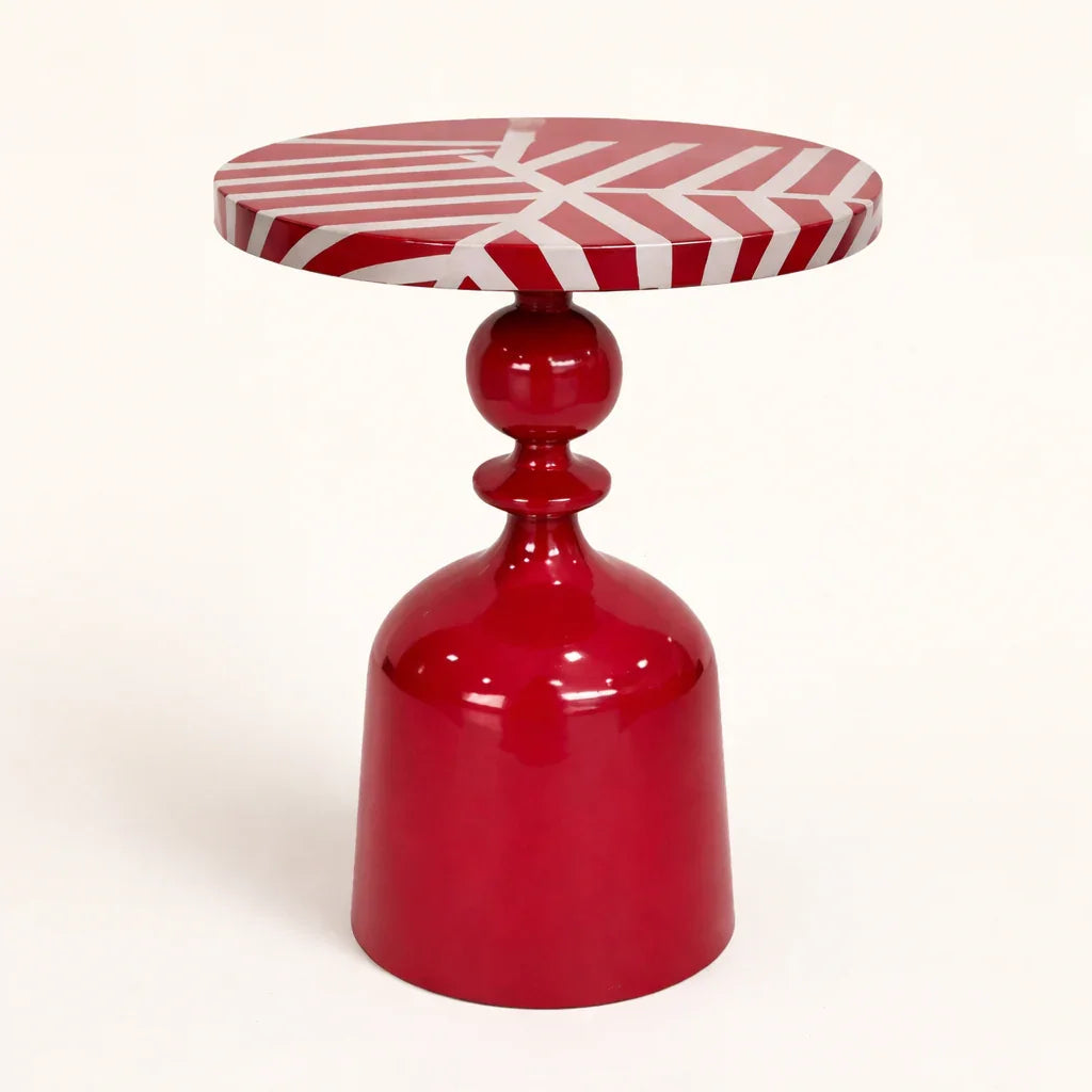 Ruby Red Iron Side Table | Glossy Metal Pedestal Accent Table for Living Room