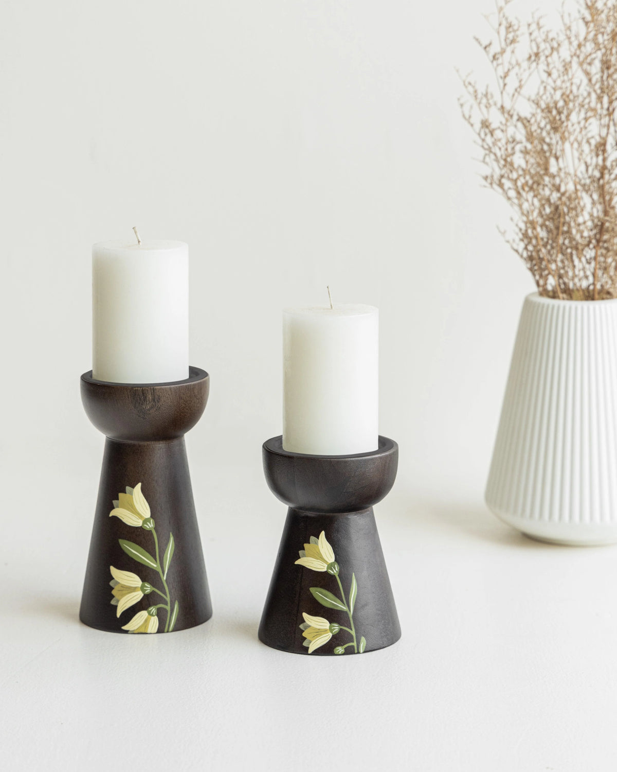 MIRRA Handpainted Wooden Candle Stand (Set of 2) without Candles | Mango Wood